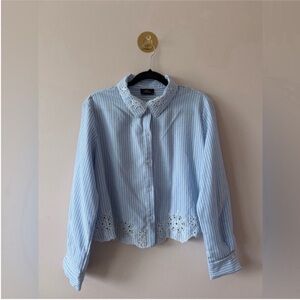 Milk & Honey Blue and White Striped Button Down Top with Scalloped detail L